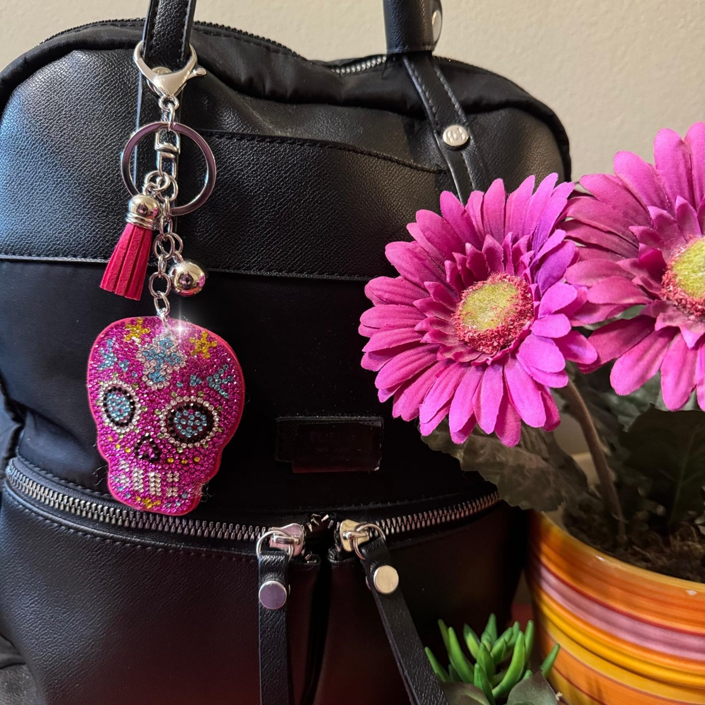 Popfizzy Pink Sugar Skull Keychain for Women, Rhinestone Skull Purse Charms for Handbags, Bedazzled Skull Gifts for Women