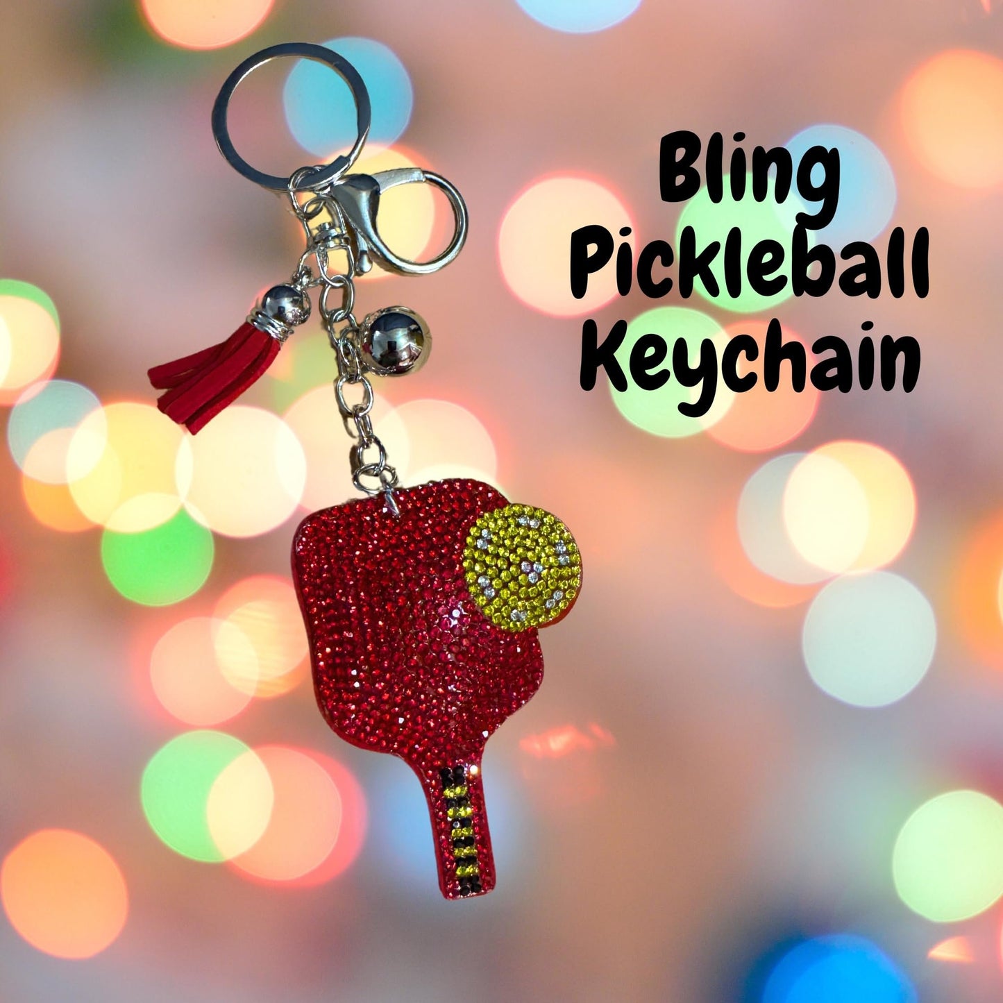 Popfizzy Red Pickleball Keychain Accessories for Women and Girls, Rhinestone Backpack Charm, Bling Pickleball Gifts