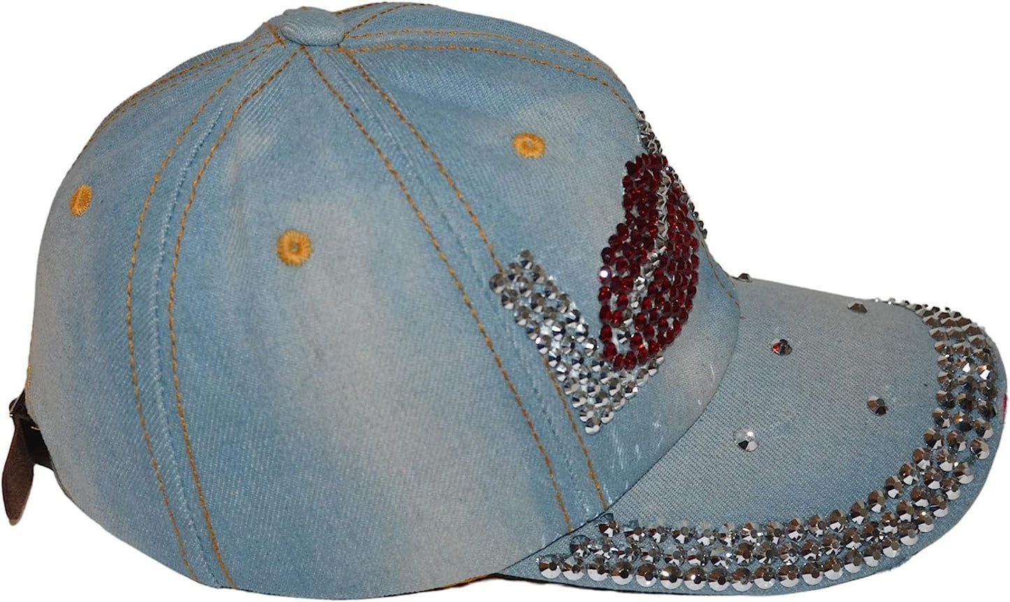 Popfizzy Womens Bling Cap, Bejeweled Rhinestone Baseball Cap, Distressed Denim Hat for Women, Bling Gifts for Women