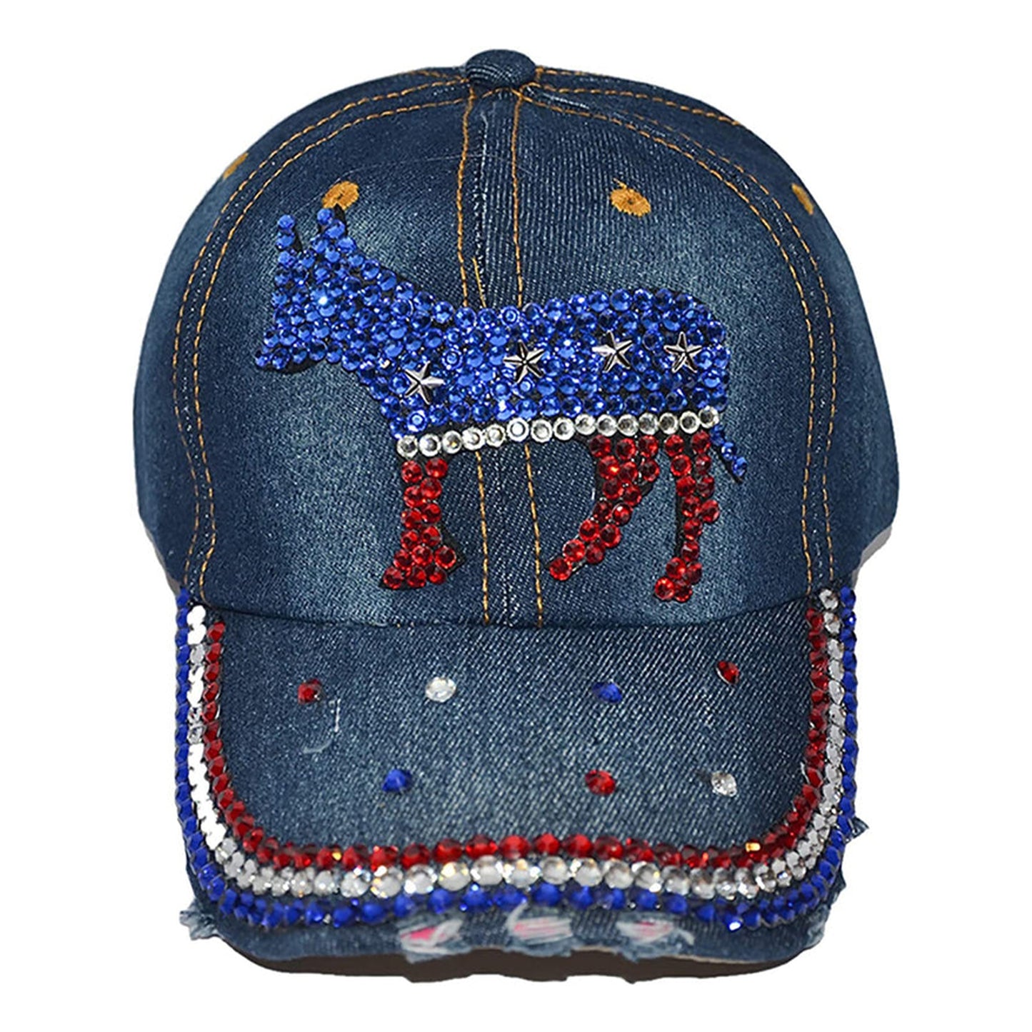 Democratic Donkey Hat for Women Distressed Rhinestone Bejeweled Cotton Baseball Hat Sparkle Bling Cap
