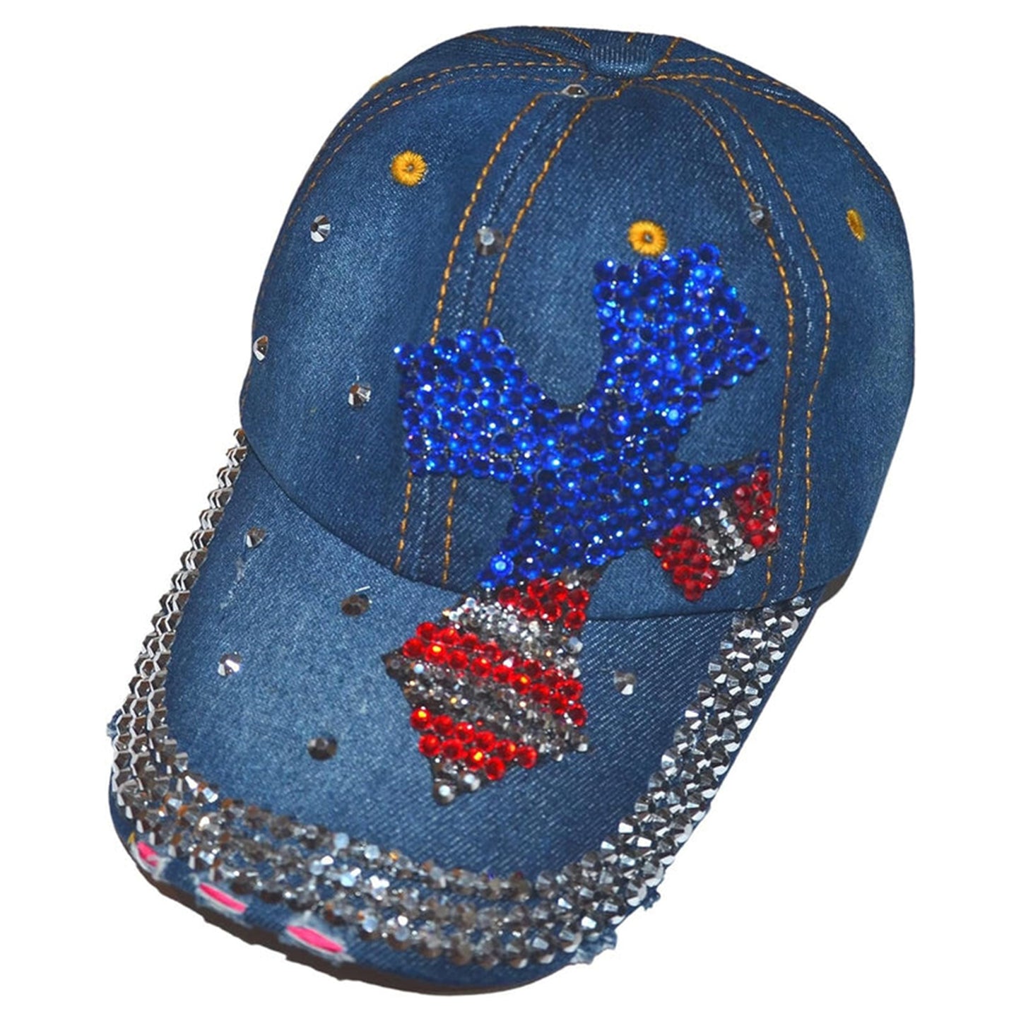 Popfizzy Women’s Red, White, and Blue Cross Hat, Bling Blue Denim Adult Baseball Hat