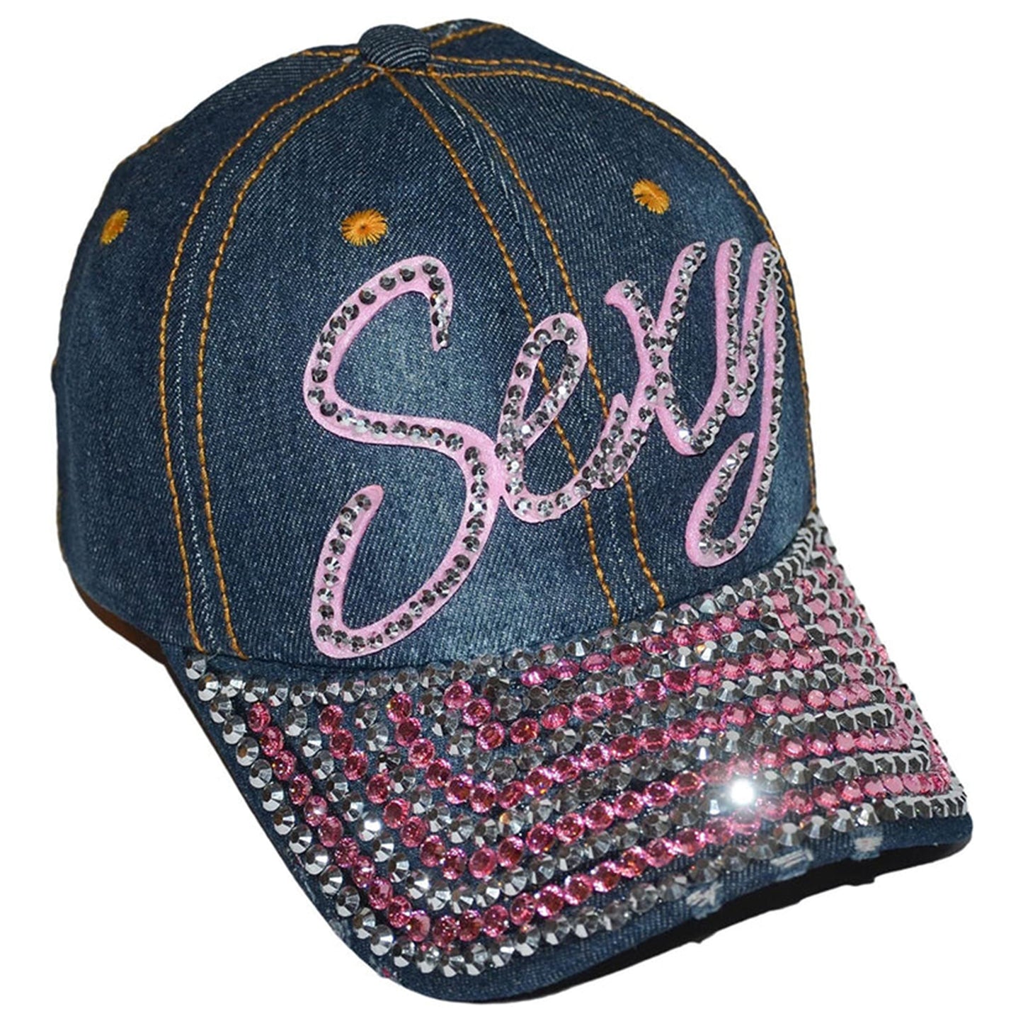 Popfizzy Rhinestone Sexy Hat for Women, Bling Denim Baseball Cap with Words, Fancy Ballcap