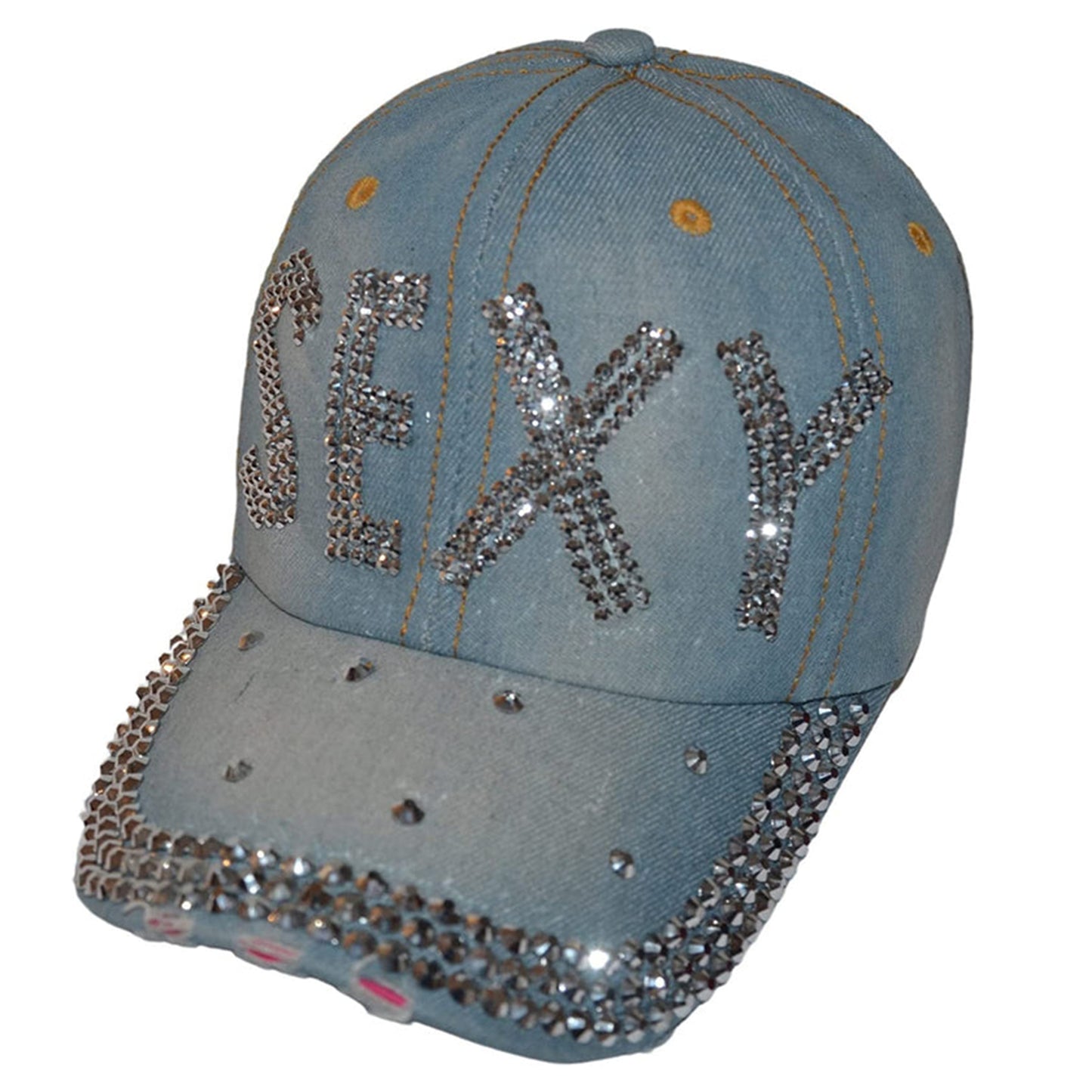 Popfizzy Womens Bling Cap, Rhinestone Baseball Cap, Bejeweled Distressed Denim Hat, Bling Gifts for Women