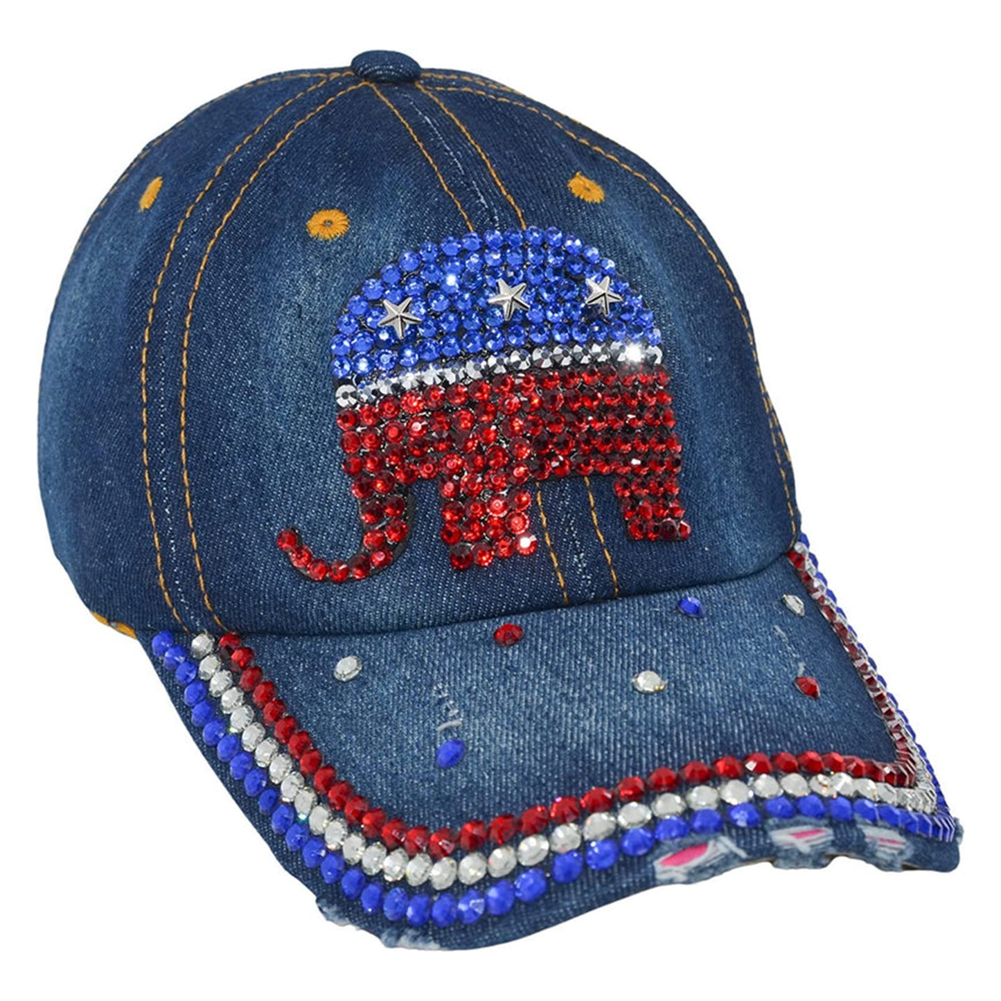 Republican Elephant Hat for Women Rhinestone Hat, Bedazzled Bling Baseball Caps, Distressed Hat, Fancy Denim Bejeweled Hats