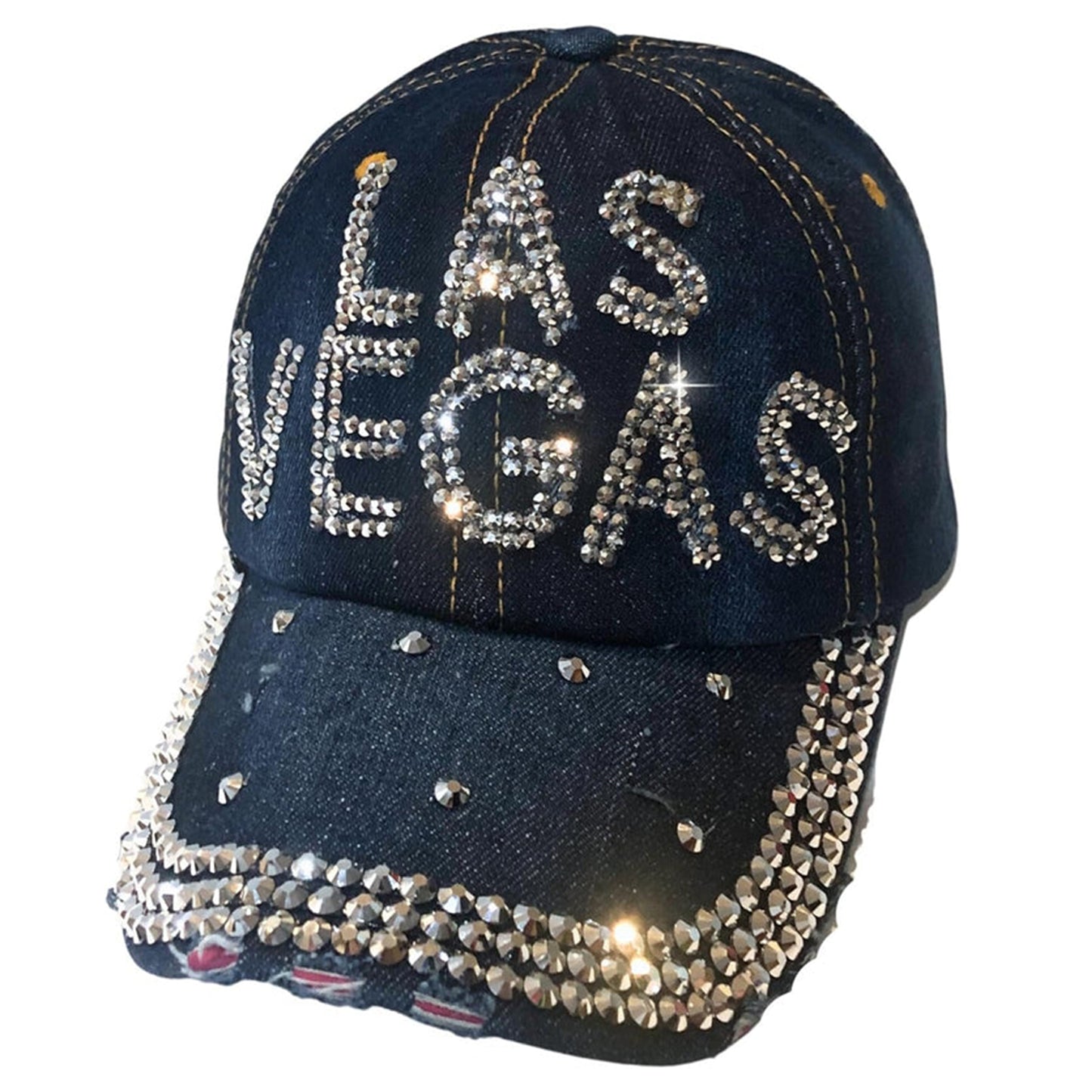 Popfizzy Las Vegas Hat for Women, Adult Distressed Bling Denim Blue Hat