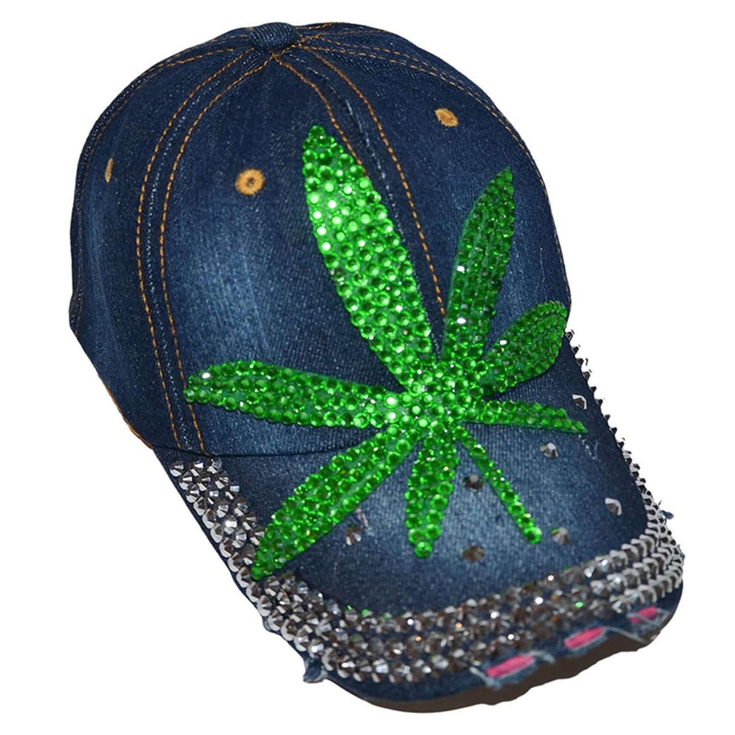 Popfizzy Rhinestone Weed Hat, Women’s Bling Pot Leaf Hats, Marijuana Denim Baseball Caps, Cannabis Cap (Weed Leaf, Denim)
