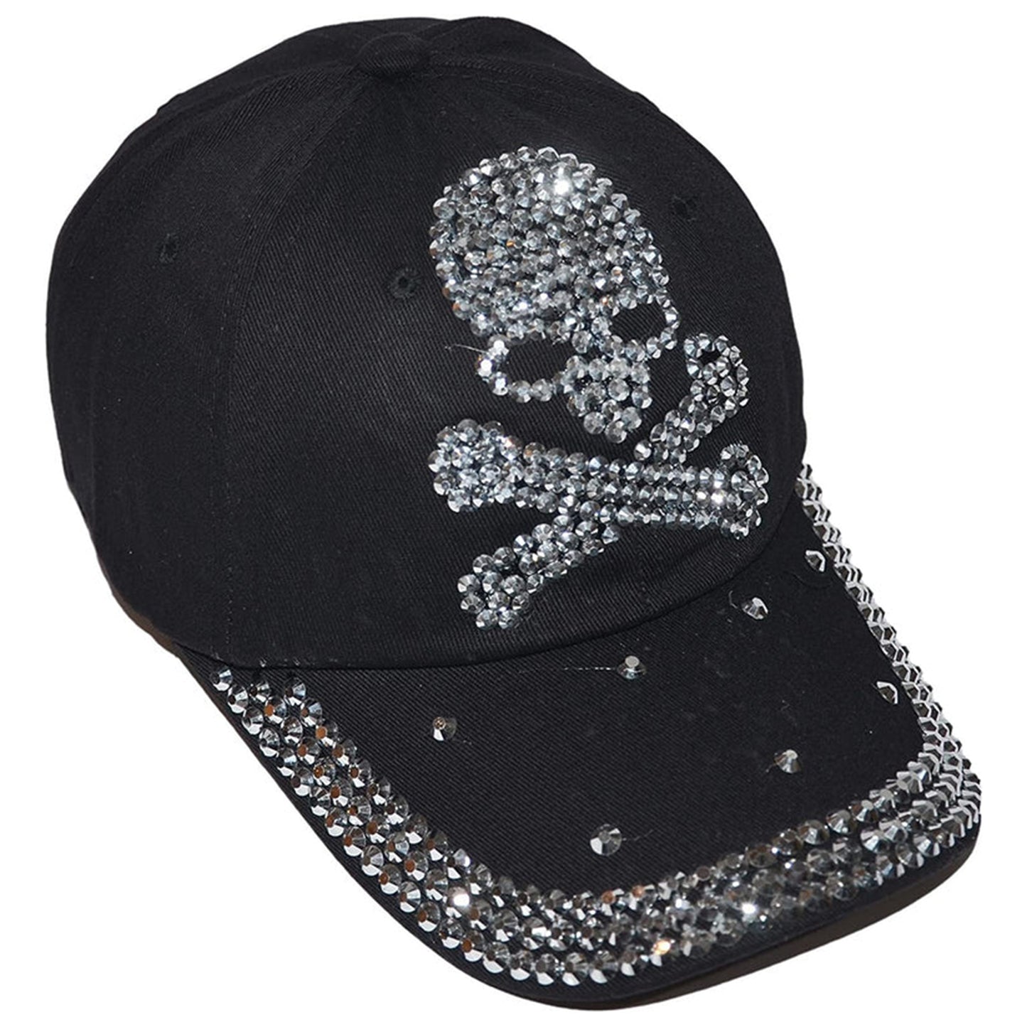 Popfizzy Skull Hat for Women and Girls, Biker Trucker Hat, Rhinestone Sparkle Bling Black Baseball Caps, Pirate Hat