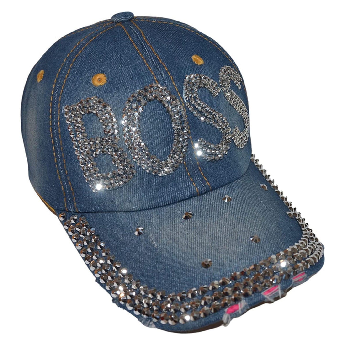 Popfizzy Bling Boss Hat for Women, Fun Rhinestone Baseball Cap, Bejeweled Distressed Denim Hat, Bling Gifts for Women