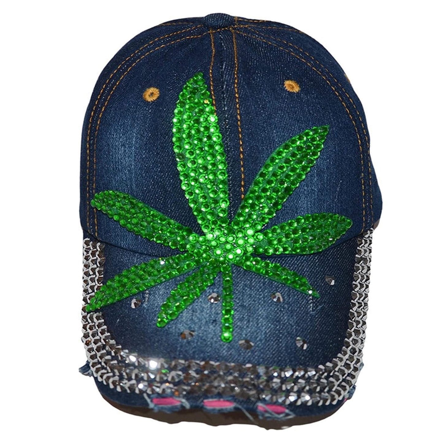 Popfizzy Rhinestone Weed Hat, Women’s Bling Pot Leaf Hats, Marijuana Denim Baseball Caps, Cannabis Cap (Weed Leaf, Denim)
