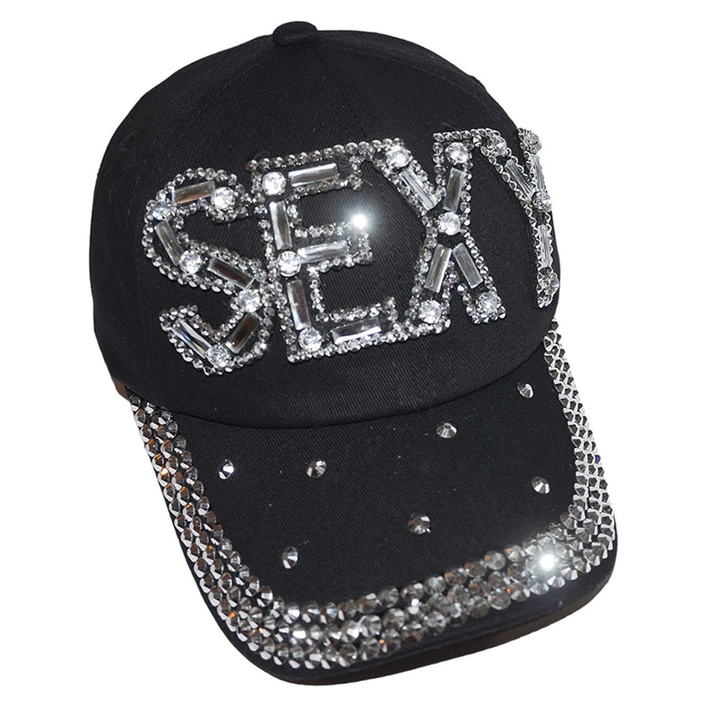 Popfizzy Womens Bling Sexy Cap, Rhinestone Baseball Cap, Bejeweled Distressed Denim Hat, Bling Gifts for Women
