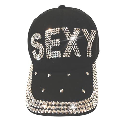 Popfizzy Rhinestone Baseball Cap for Women and Girls, Cute Bedazzled Hats, Shiny Bling Denim and Diamond Hat, Sexy Black