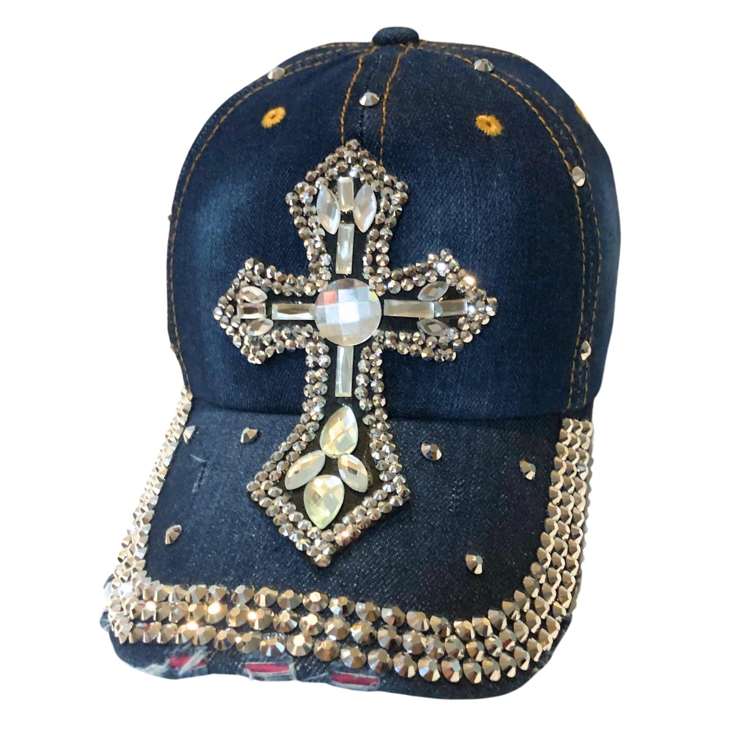 Popfizzy Bedazzled Cross Hat for Women, Rhinestone Hat with Cross on It, Bling Christian Hats, Bling Gifts for Women (Denim)