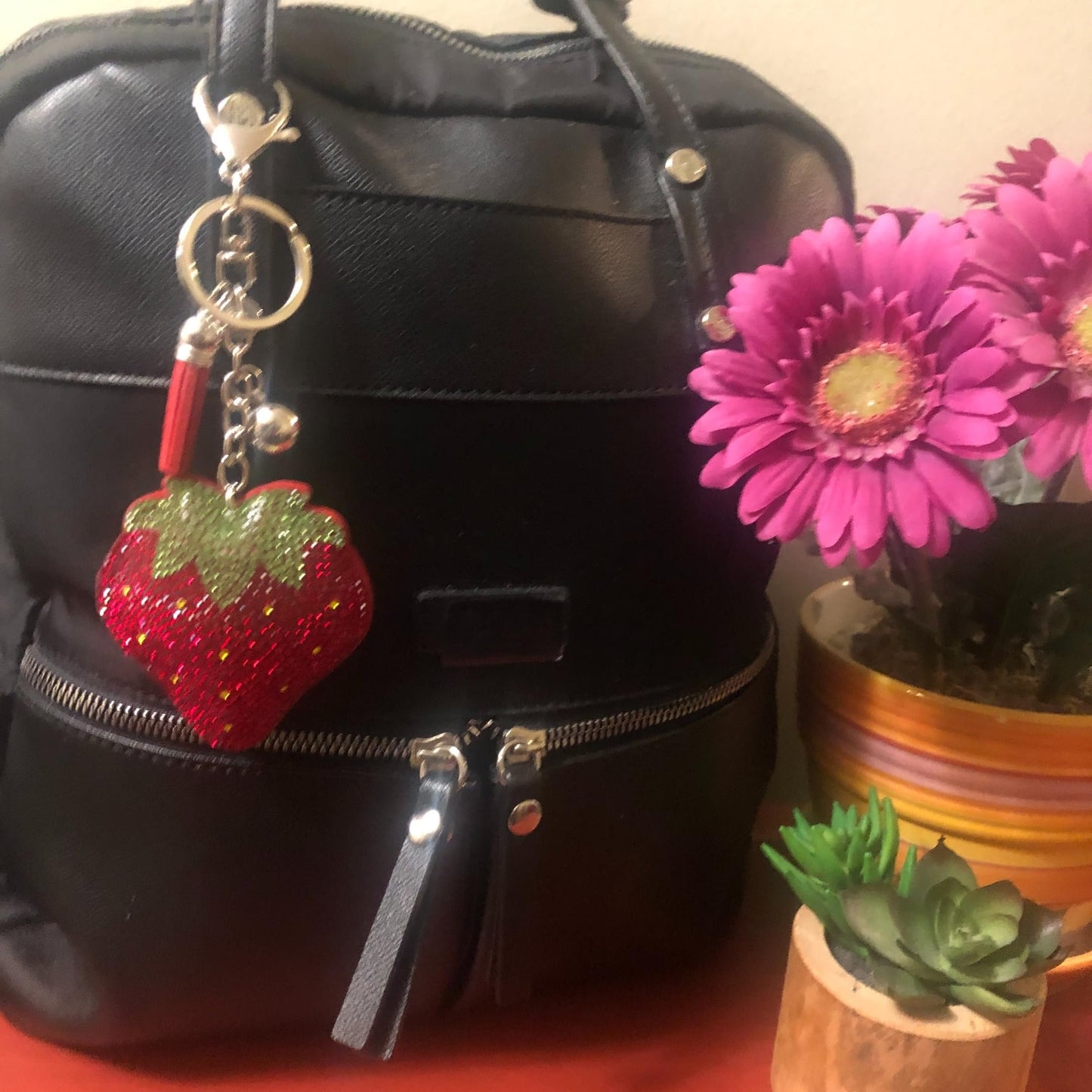 Popfizzy Red Strawberry Keychain for Women and Girls, Bling Backpack Keyrings, Fun Purse Charm, Rhinestone Strawberry Gifts
