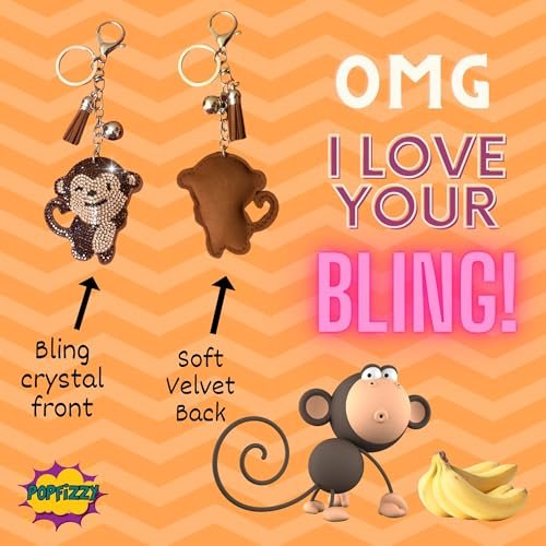 Popfizzy Brown Monkey Keychain Accessories, Animal Backpack Key Chain, Rhinestone Purse Charms for Handbags, Monkey Gifts