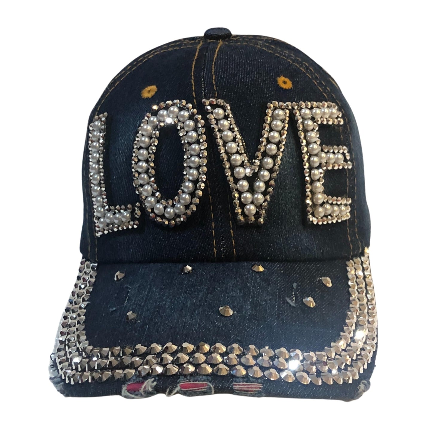 Bling "LOVE" Rhinestone Denim Hat, Bedazzled Baseball Cap for Women