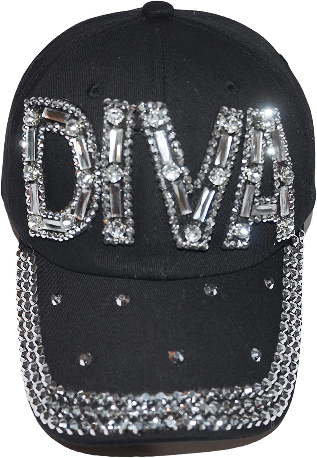 Popfizzy Women’s Rhinestone Diva Hat, Adult Bling Black Baseball Cap