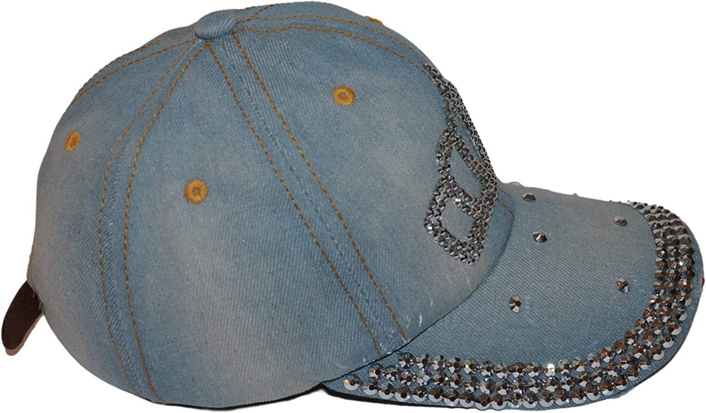 Popfizzy Bling Hat for Women and Girls, Fun Rhinestone Baseball Cap, Bejeweled Distressed Denim Hat, Bling Gifts for Women