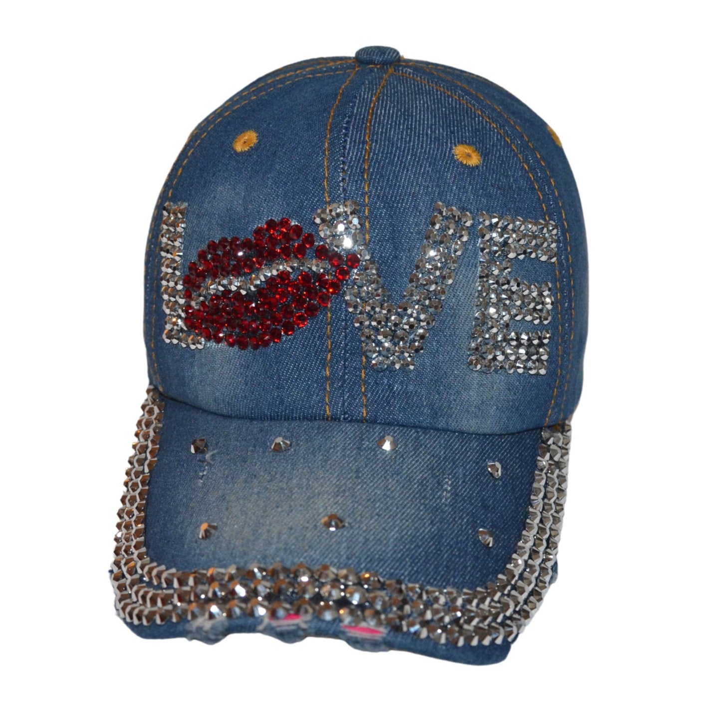 Popfizzy Bling Love Cap for Women, Rhinestone Love Hat, Bedazzled Baseball Caps, Distressed Denim Hats, Fancy Bejeweled Hats, Bling Gifts for Women