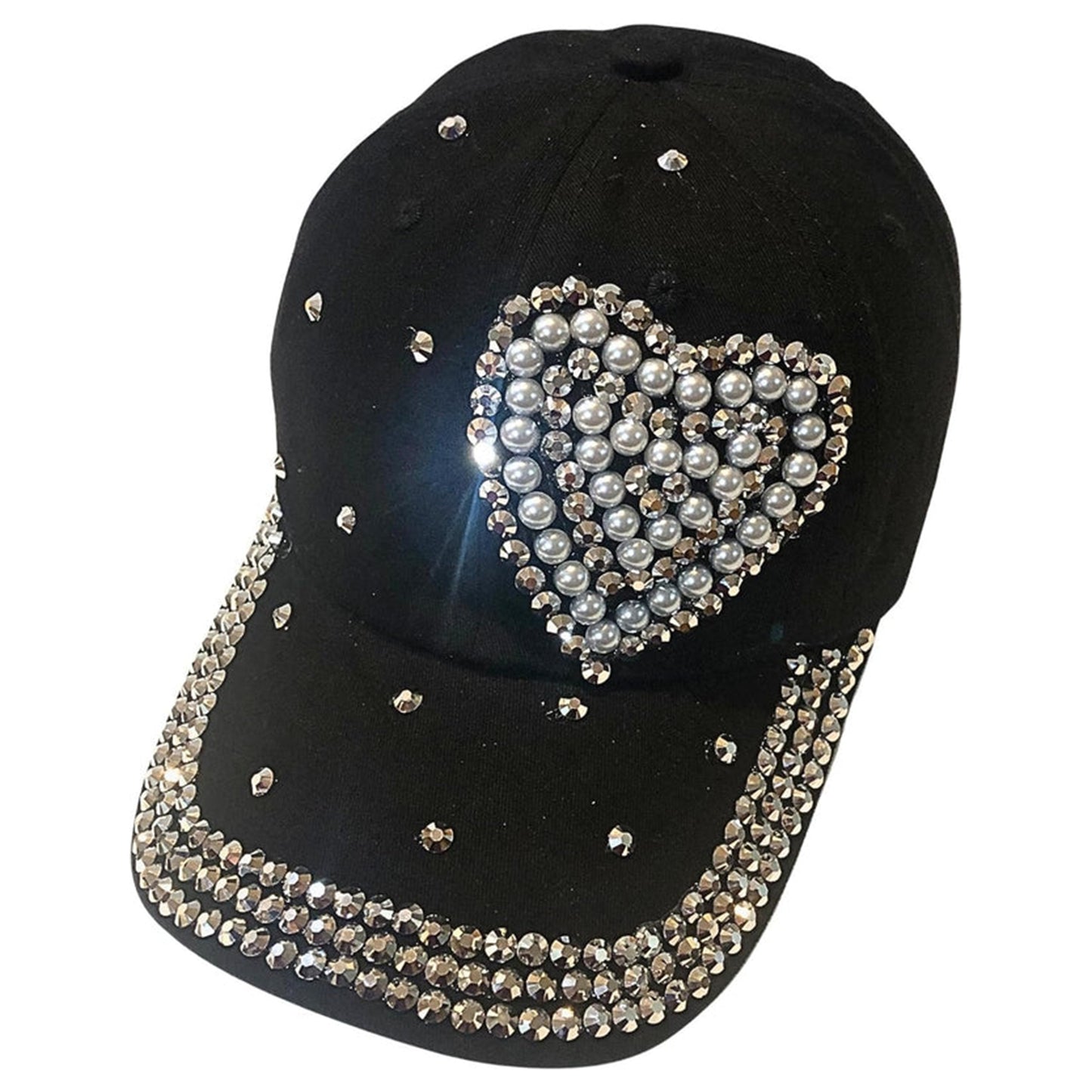 Bling Pearl Heart Hat for Women, Adult Black Rhinestone Hat, Cotton