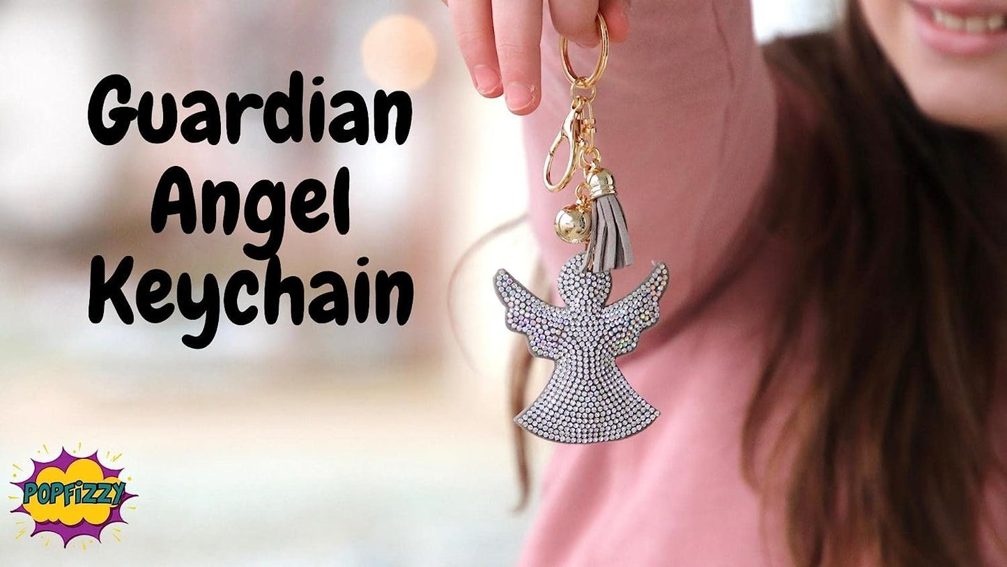 Popfizzy Guardian Angel Key Chain Crystal Bag Charm Bling Angel Purse Charm Rhinestone Girly Backpack Clip on Car Religious Key Ring for Women or Girls
