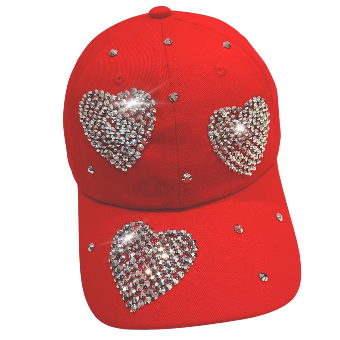 Popfizzy Rhinestone Baseball Cap for Women and Girls, Cute Bedazzled Hats, Shiny Bling Denim and Diamond Hat, Red Heart