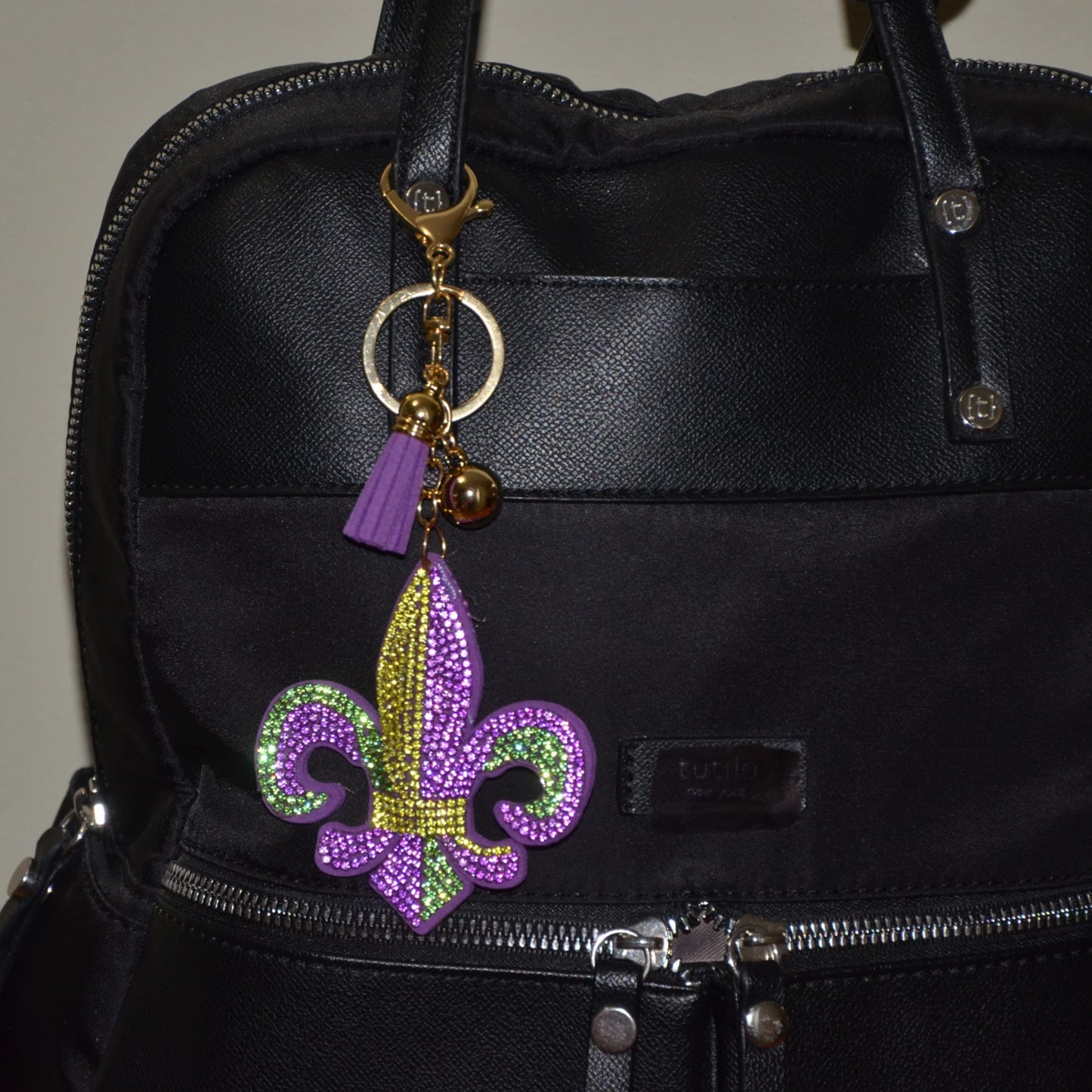 Popfizzy Mardi Gras Fleur De Lis Keychain, Bling Backpack Key Chain, Rhinestone Purse Charms, Crystal Key Fob