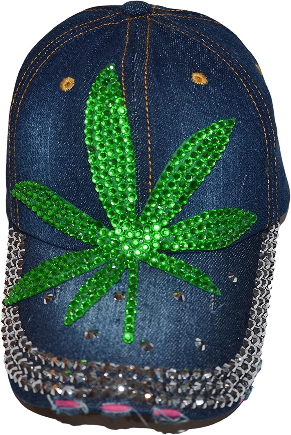Popfizzy Rhinestone Weed Hat, Women’s Bling Pot Leaf Hats, Marijuana Denim Baseball Caps, Cannabis Cap (Weed Leaf, Denim)