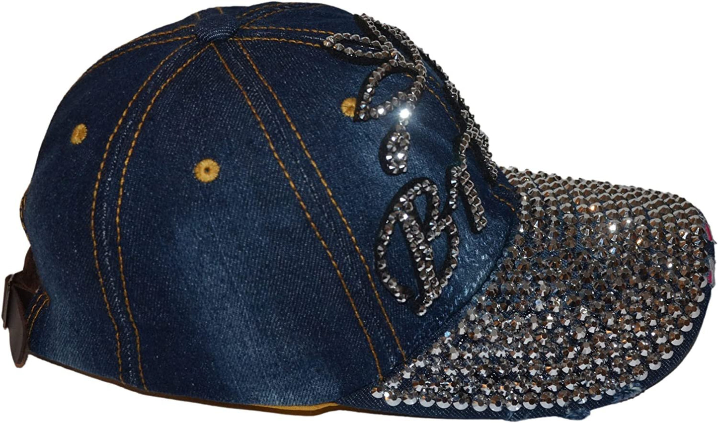 Popfizzy Womens Bling Bride Cap, Rhinestone Baseball Cap, Bejeweled Distressed Denim Hat, Bling Gifts for Women