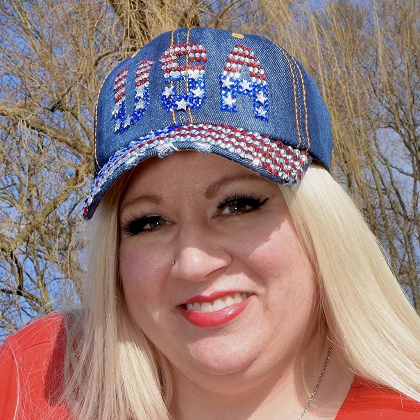 Popfizzy USA Women’s American Flag Baseball Cap Bling Rhinestone Trucker Hat