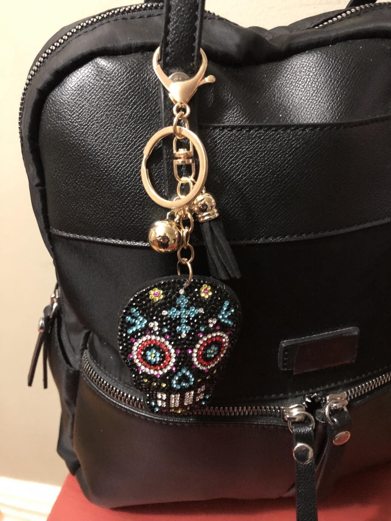 Popfizzy Bling Sugar Skull Keychain for Women and Girls, Rhinestone Purse Charms for Handbags, Sugar Skull Gifts for Women, Gifts for Her, Crystal Bag Charm