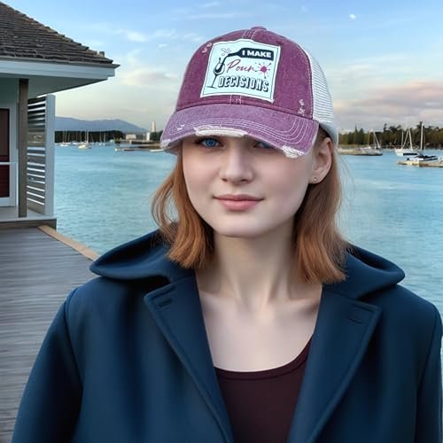 Popfizzy Funny Vintage Trucker Hats for Wine Drinkers, Adult Humor Caps, Distressed Baseball Cap (I Make Pour Decisions)