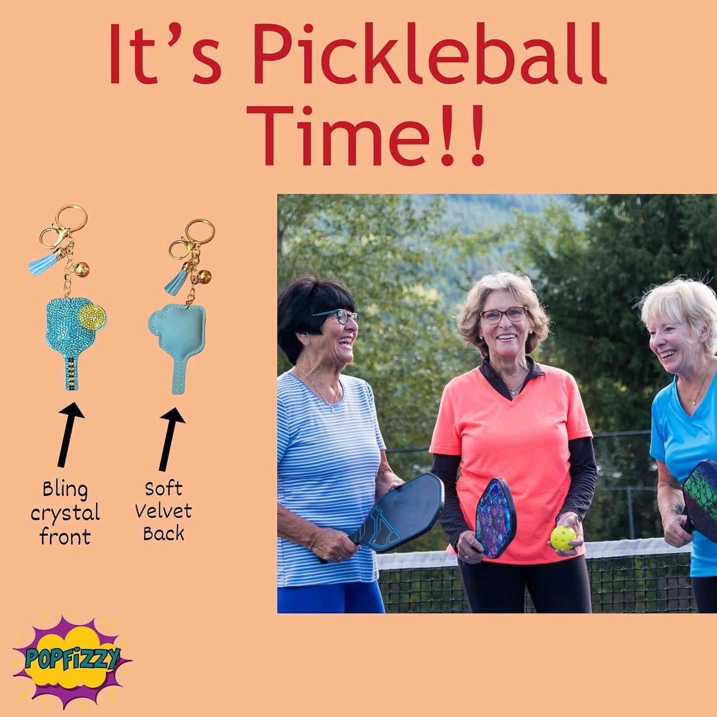 Popfizzy Blue Pickleball Keychain for Women, Rhinestone Purse Charm