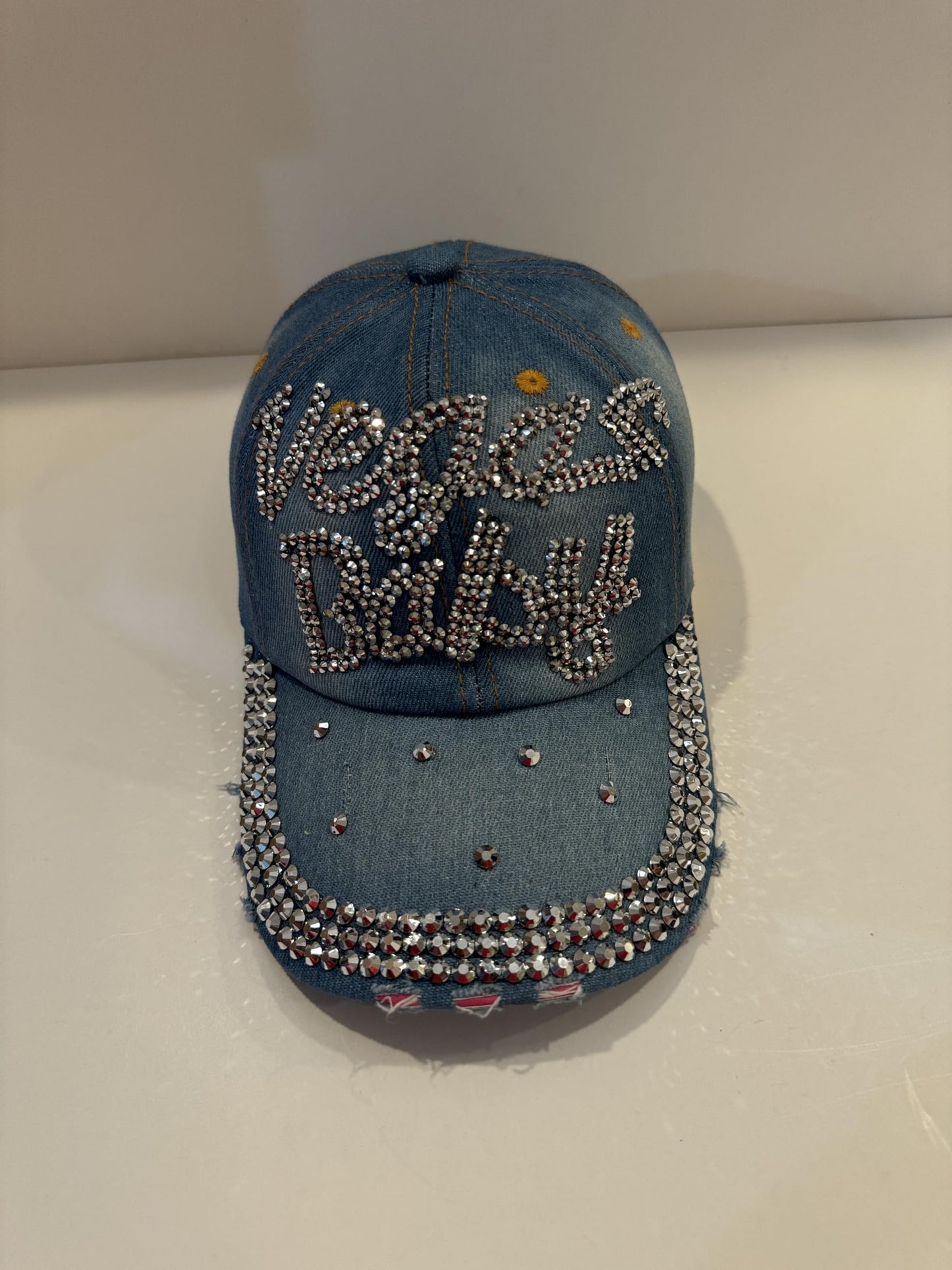 Vegas Baby Rhinestone Trucker Hat - Bling Blue Las Vegas Denim Cap for Women