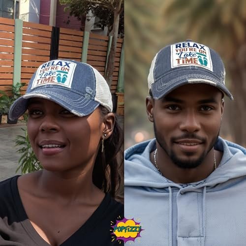 Popfizzy Relax You're on Lake Time Hat, Vintage Trucker Hat, Mesh Back Baseball Cap, Lake Life Gifts for Women and Men (Navy)