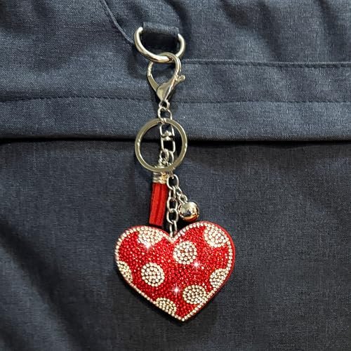 Popfizzy Red Heart Keychains for Women and Girls, Bedazzled Polka Dot Purse Charm, Bling Backpack Accessories, Heart Gifts