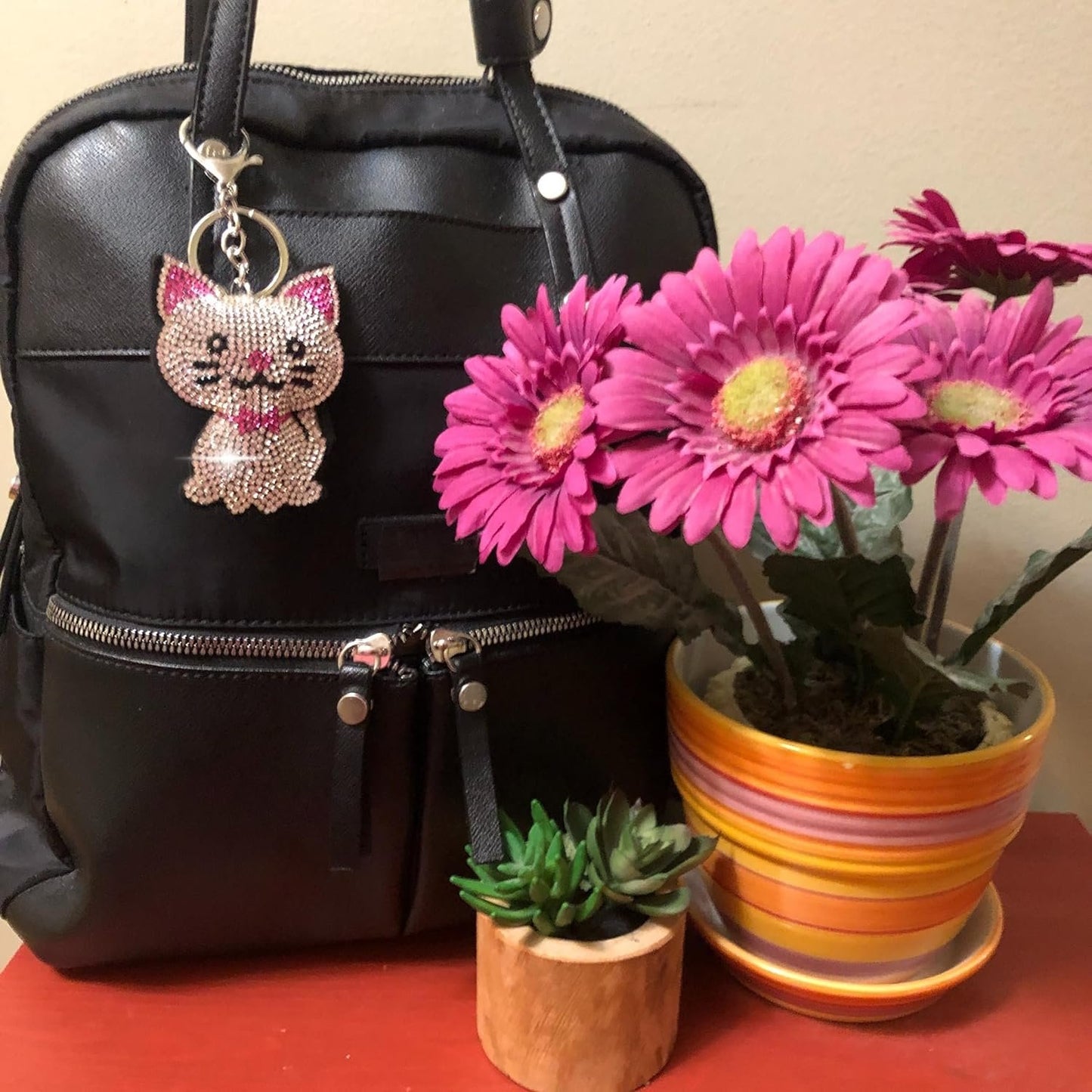Popfizzy Pink Rhinestone Cat Keychain Accessories for Women, Cat Gifts, Purse Charms for Handbags, Bling Cat Backpack CharmsHandbags