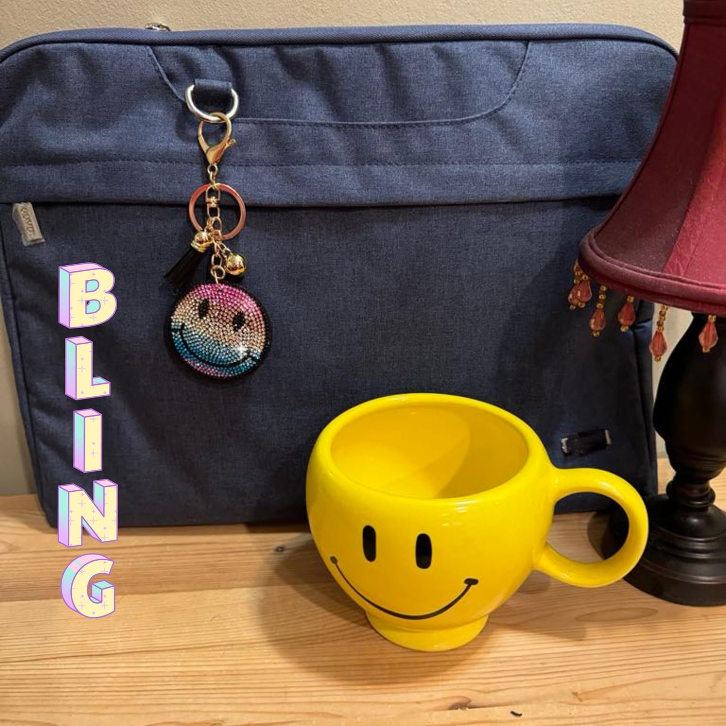 Popfizzy Rainbow Smiley Face Keychain Accessories for Women, Rhinestone Emoji Happy Face Keychains, Smiley Face Gifts