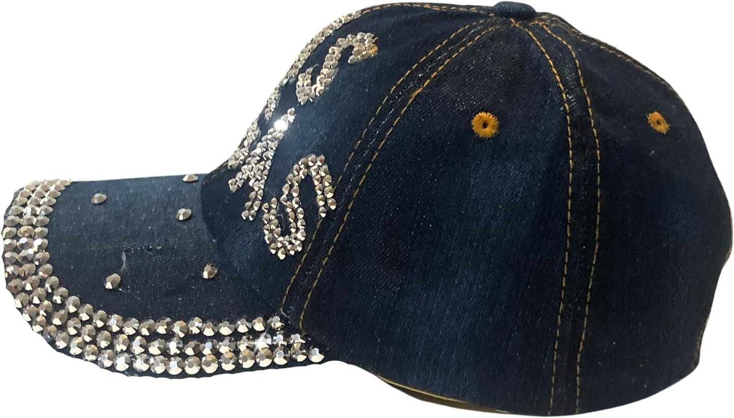 Popfizzy Las Vegas Hat for Women, Adult Distressed Bling Denim Blue Hat