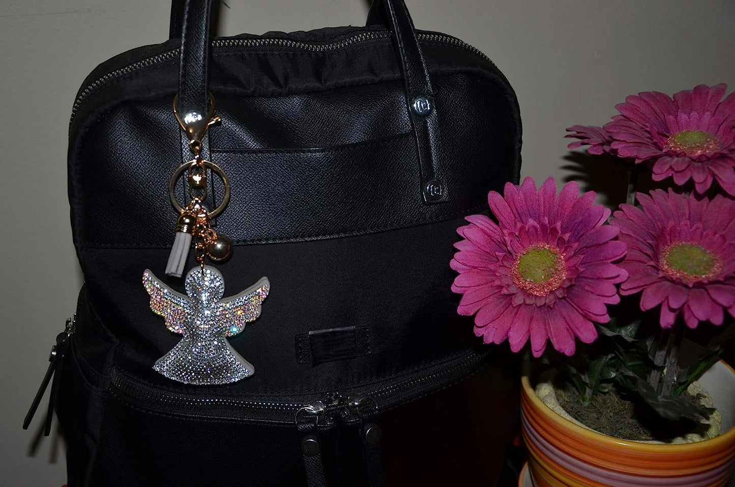 Popfizzy Guardian Angel Key Chain Crystal Bag Charm Bling Angel Purse Charm Rhinestone Girly Backpack Clip on Car Religious Key Ring for Women or Girls