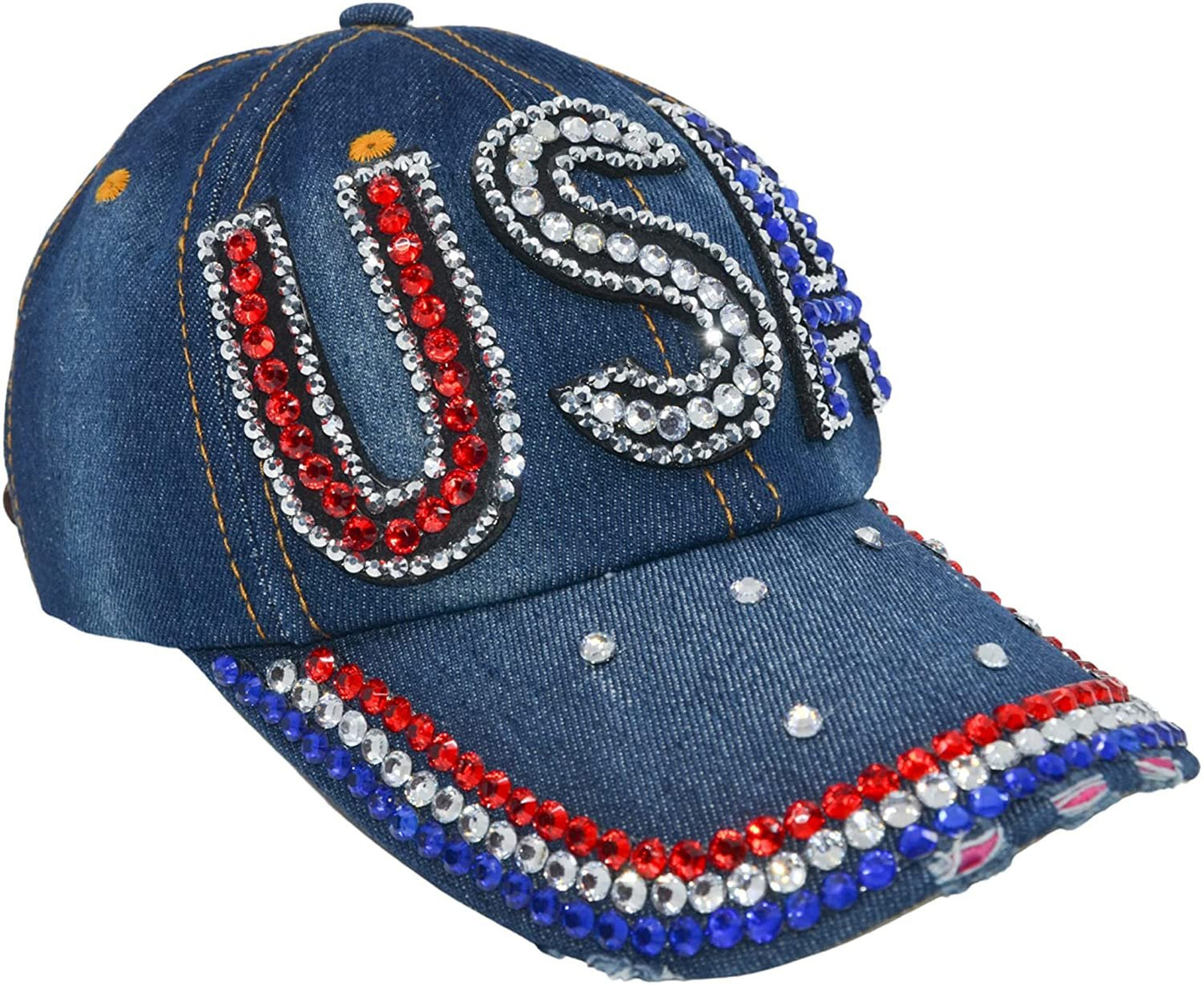 USA Hat Women’s Distressed Bling Rhinestone Patriotic Baseball Cap