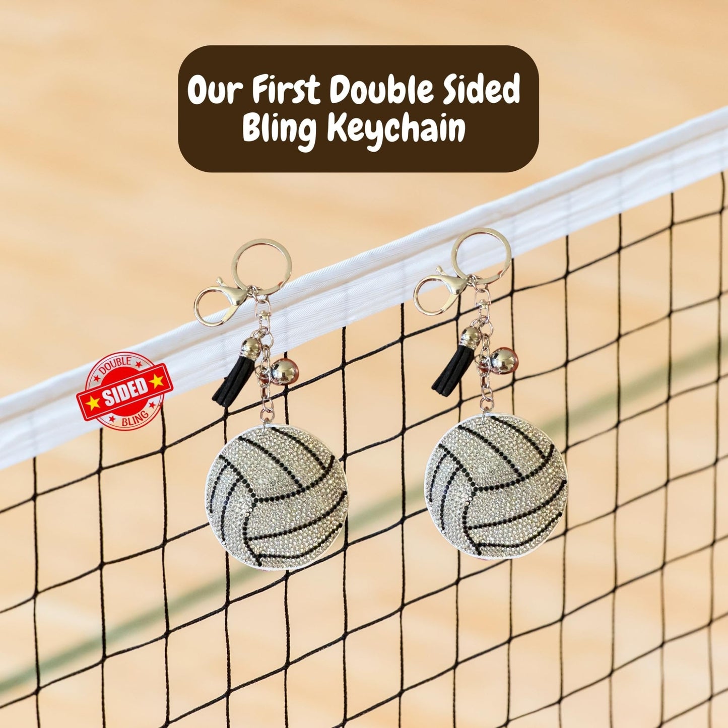 Popfizzy Bling Volleyball Keychain for Women and Girls, Purse Charm, Rhinestone Bag Charm, Volleyball Gifts, Double Sided