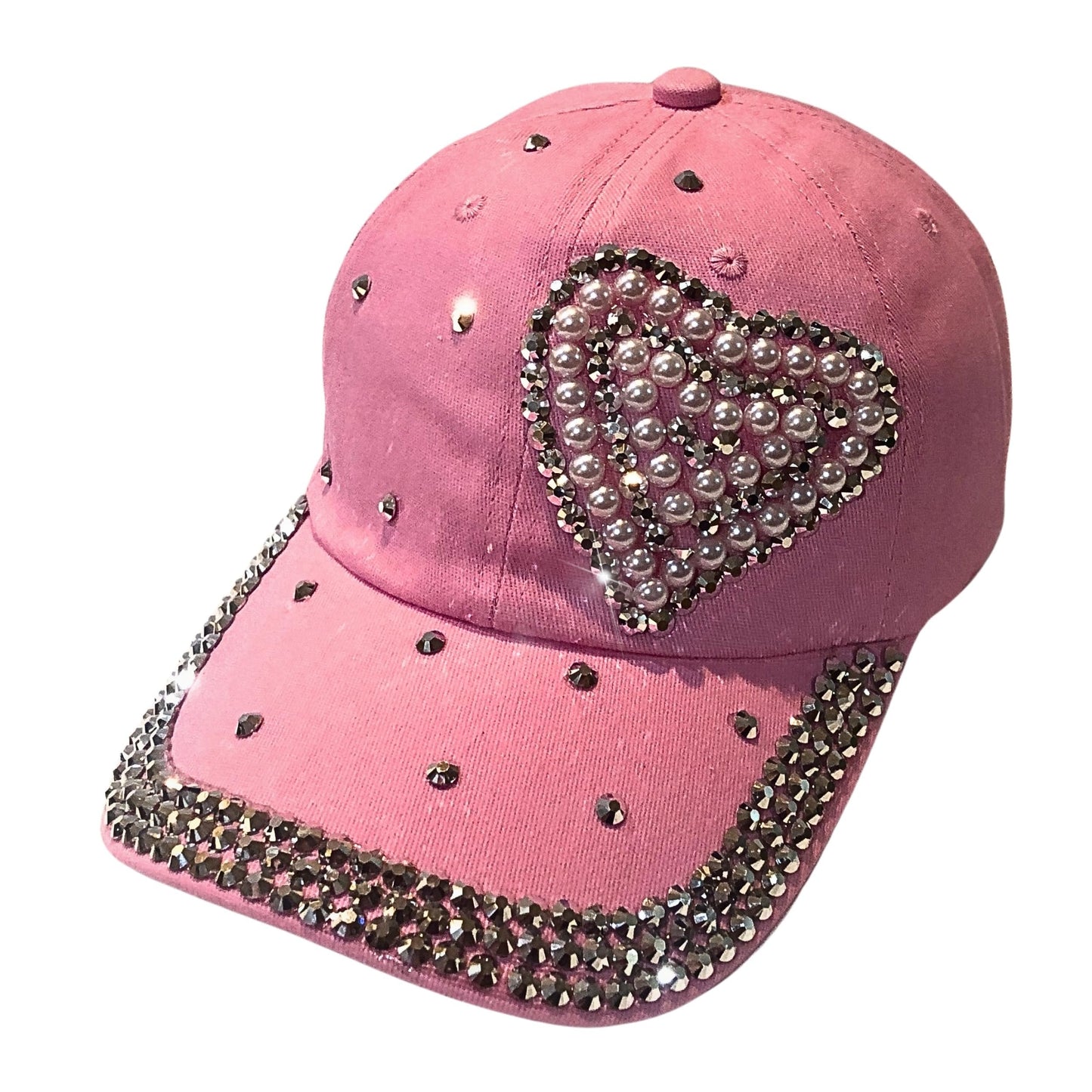 Popfizzy Pearl Heart Hat with Rhinestones for Women, Bling Heart Accessories, Bedazzled Baseball Cap, Bling Gifts for Women