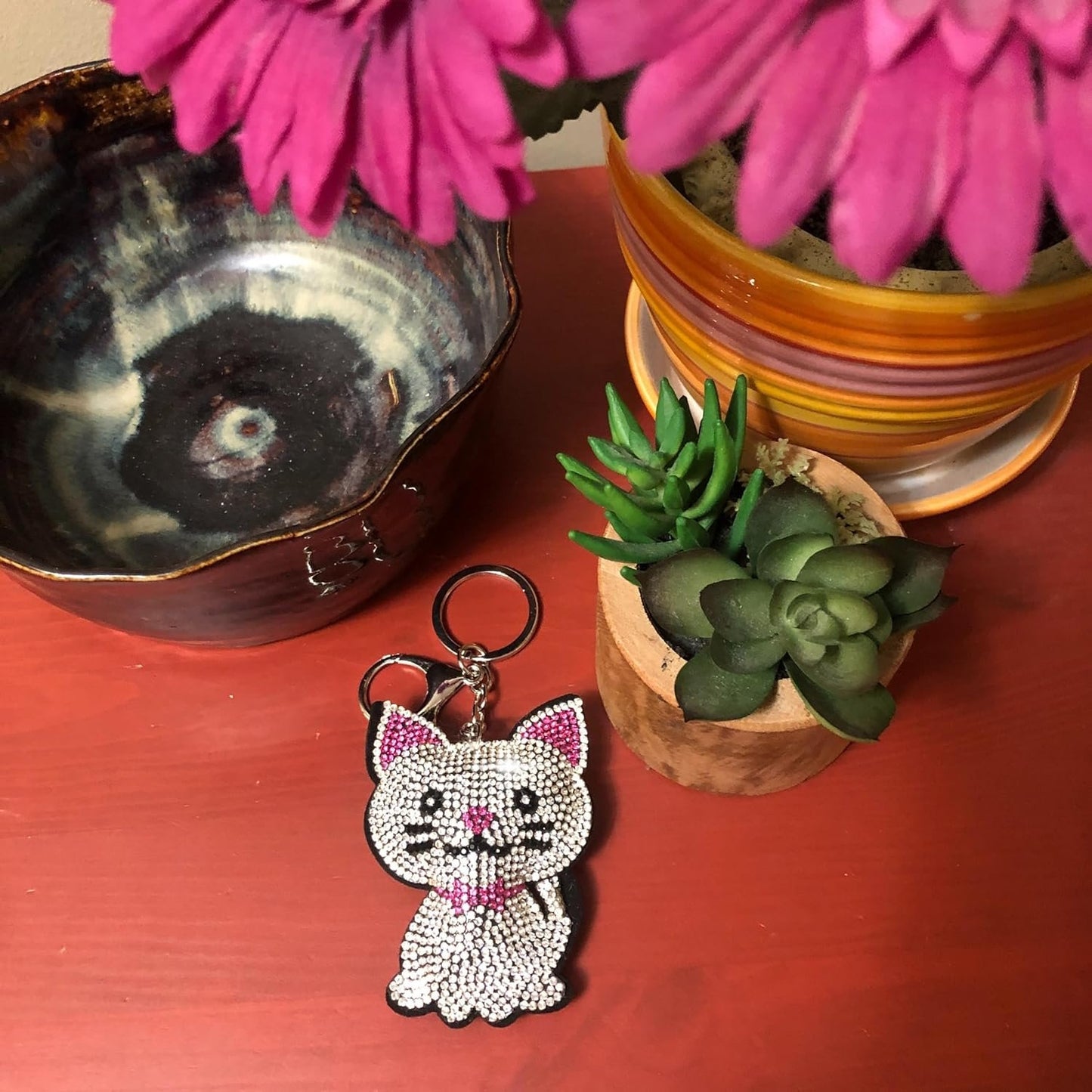 Popfizzy Pink Rhinestone Cat Keychain Accessories for Women, Cat Gifts, Purse Charms for Handbags, Bling Cat Backpack CharmsHandbags