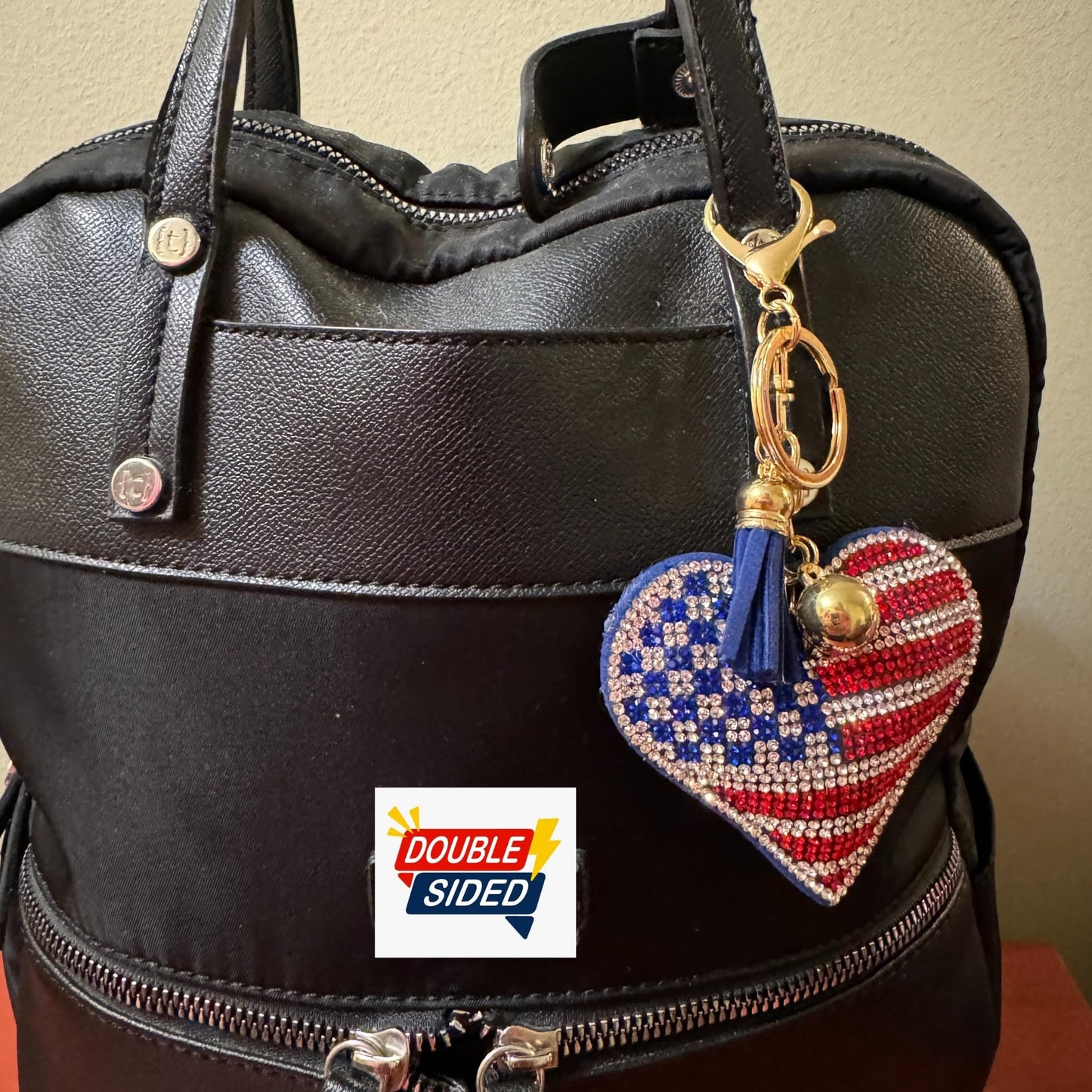 Popfizzy Bling American Flag Keychain for Women and Girls, Purse Charm, Heart Bag Charm, American Flag Gifts, Double Sided