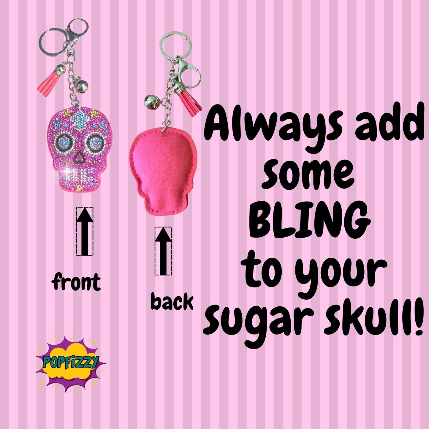 Popfizzy Pink Sugar Skull Keychain for Women, Rhinestone Skull Purse Charms for Handbags, Bedazzled Skull Gifts for Women