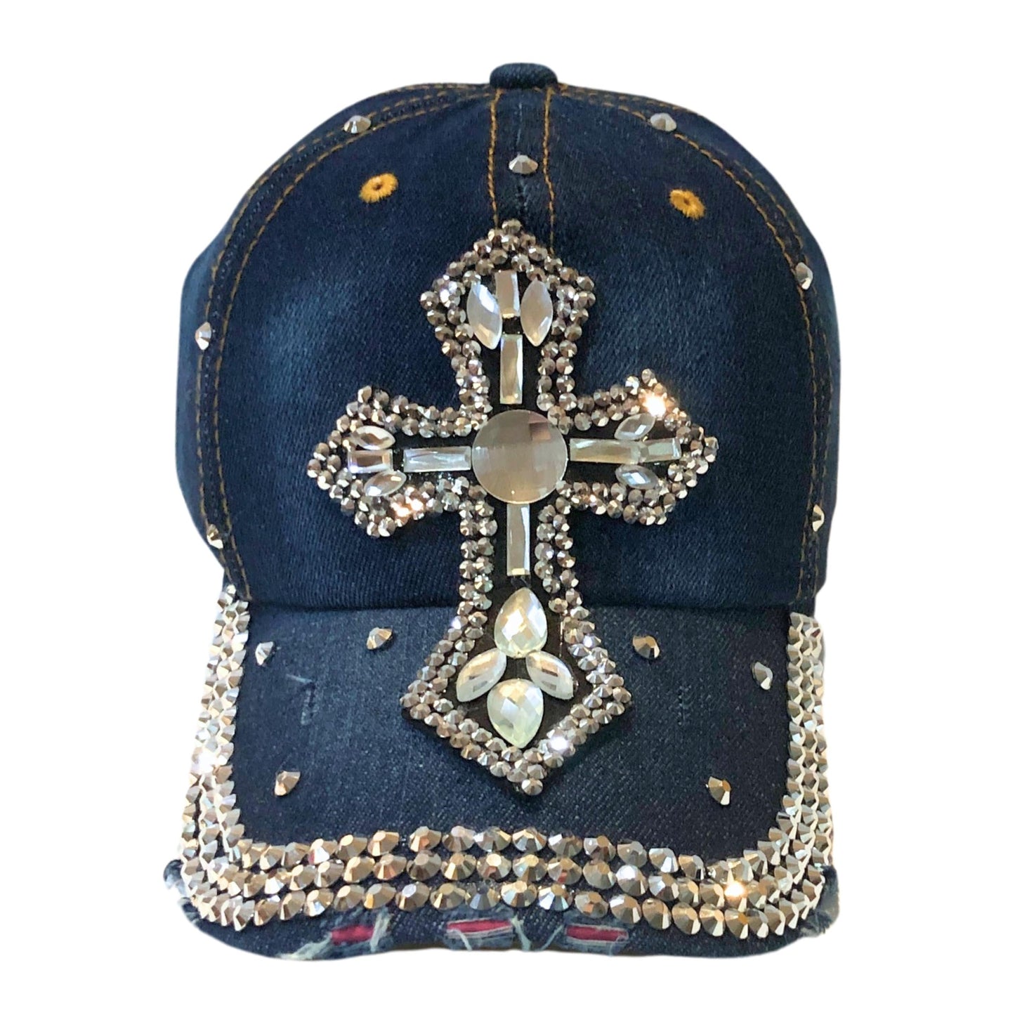 Popfizzy Bedazzled Cross Hat for Women, Rhinestone Hat with Cross on It, Bling Christian Hats, Bling Gifts for Women (Denim)