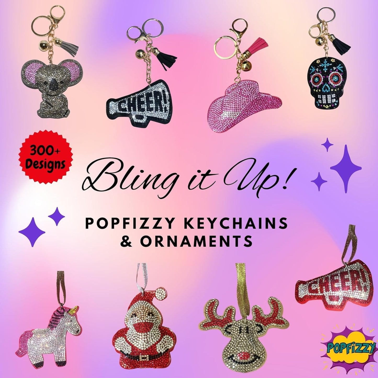 Popfizzy Rhinestone Pink Guitar Keychain for Women, Purse Charm, Bag Charm, Gift for Music Fans