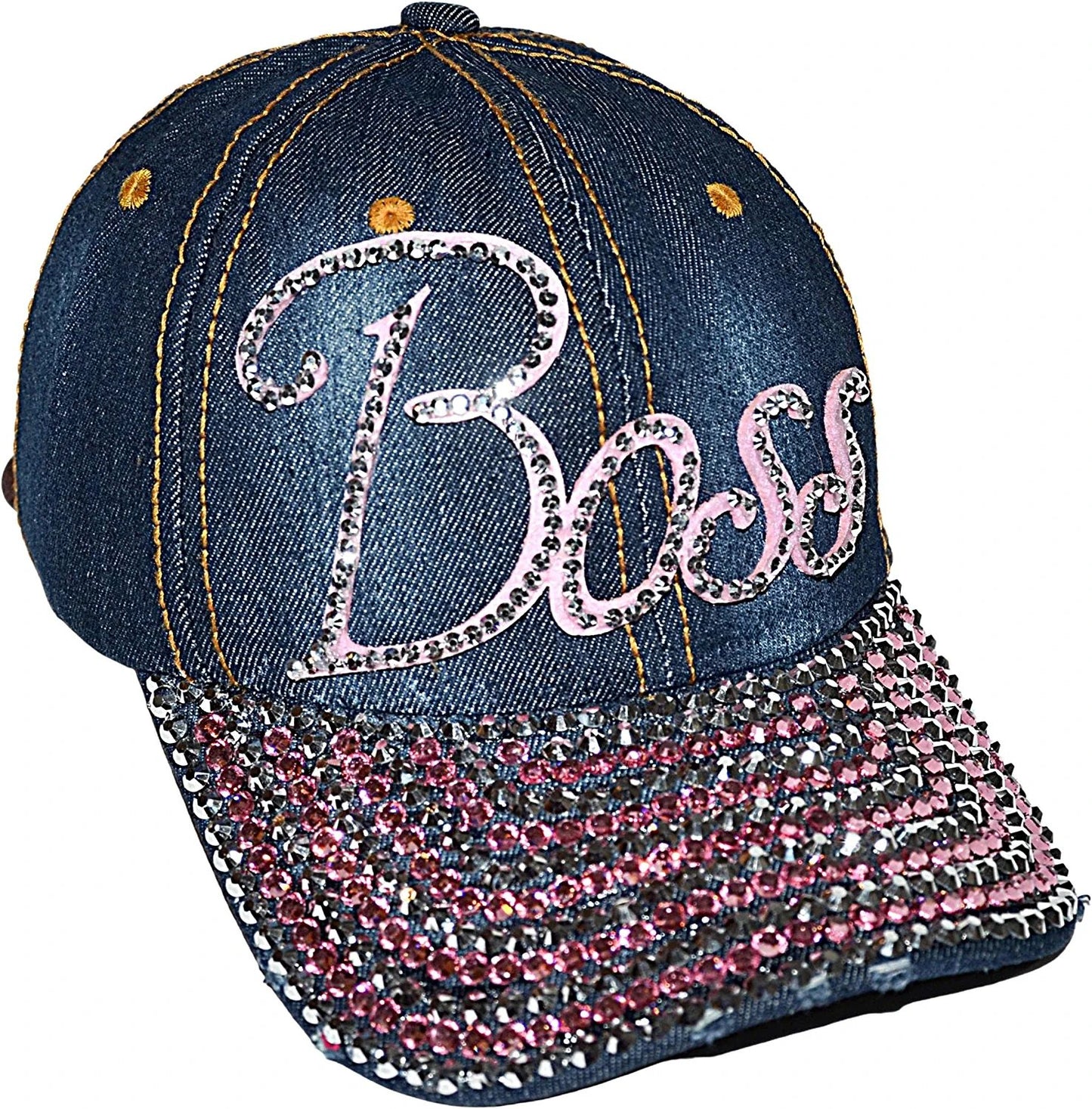 Bling Boss Rhinestone Denim Baseball Hat, Sassy Blue Distressed Cap for Women, Adult