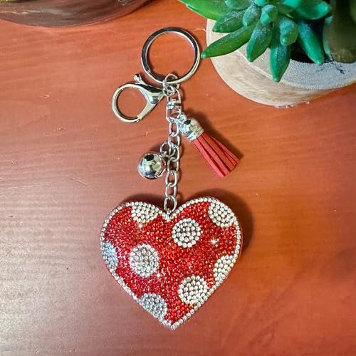 Popfizzy Red Heart Keychains for Women and Girls, Bedazzled Polka Dot Purse Charm, Bling Backpack Accessories, Heart Gifts
