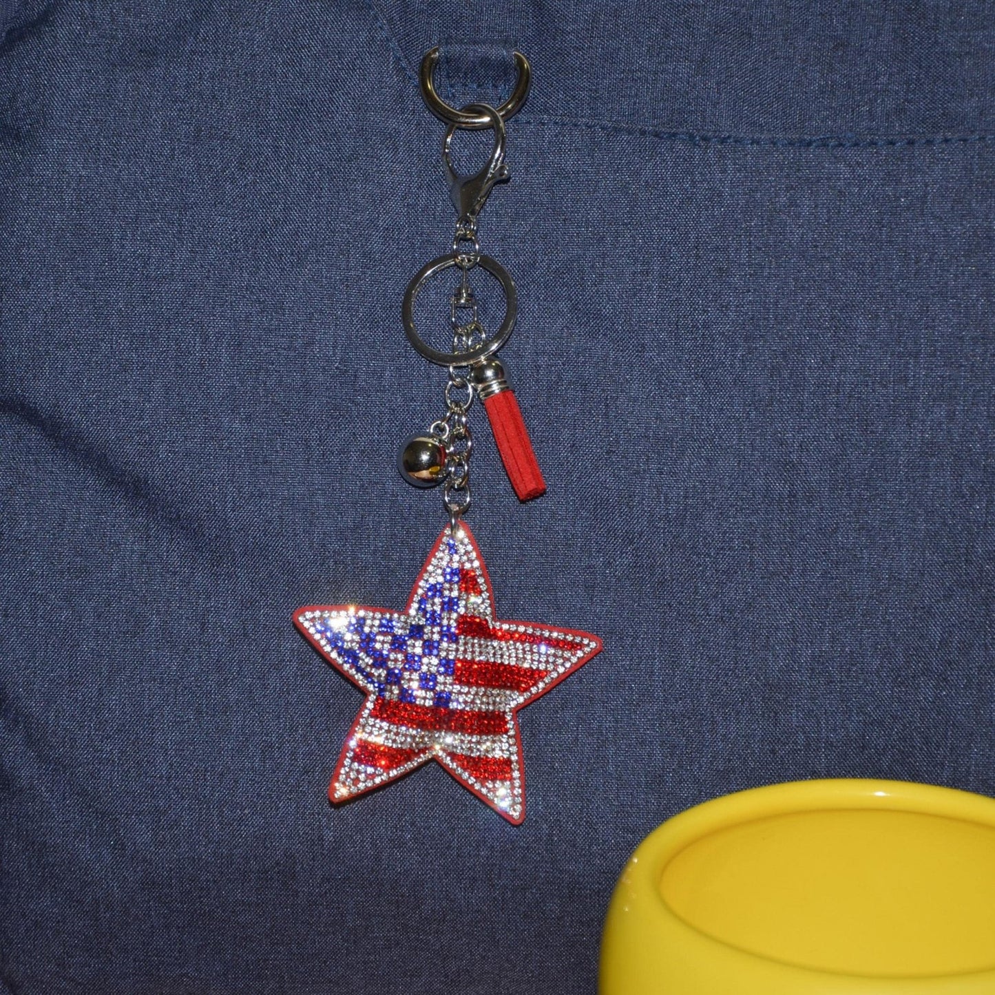 Popfizzy American Flag Star Keychain, Bling Patriotic Backpack Charm, Rhinestone Bag Charms, Keyring Key Fob